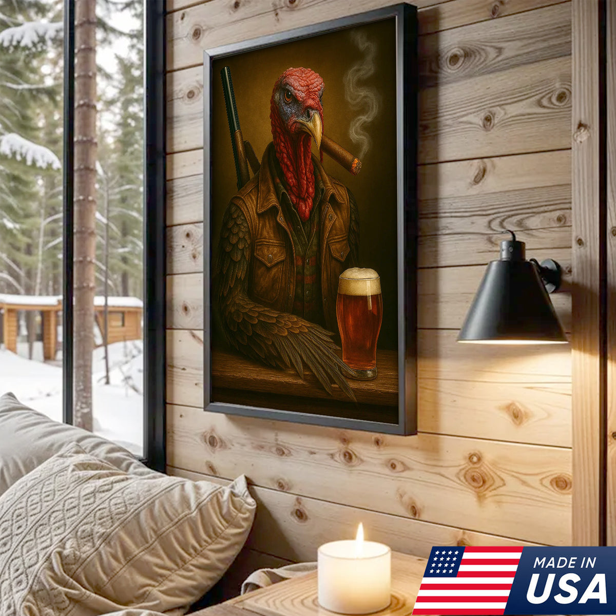 Wild Turkey Canvas Wall Art – Surreal Hunter Portrait with Beer Glass, Rustic Lodge Decor