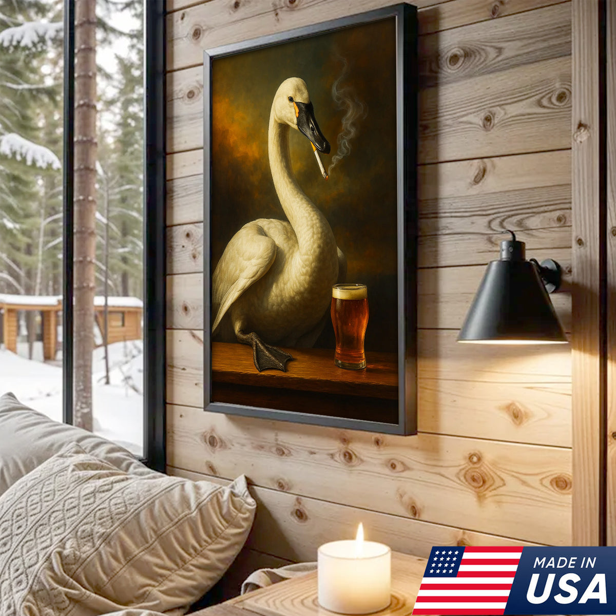 Rustic Tundra Swan Canvas Wall Art – Elegant Wildlife Bar Scene with Beer – Hunting Cabin Decor