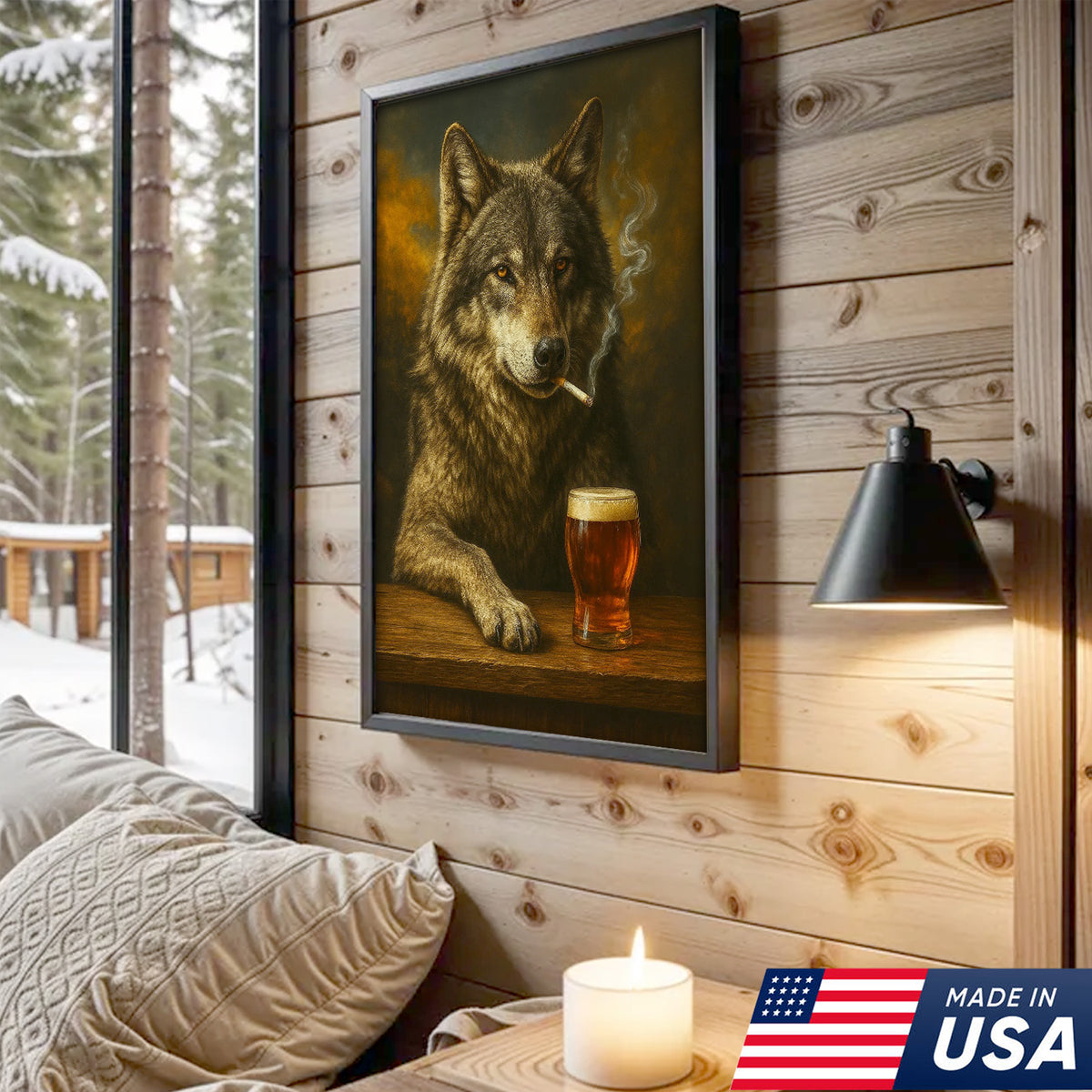 Rustic Gray Wolf Canvas Wall Art – Majestic Wildlife Bar Scene with Beer – Hunting Cabin Decor