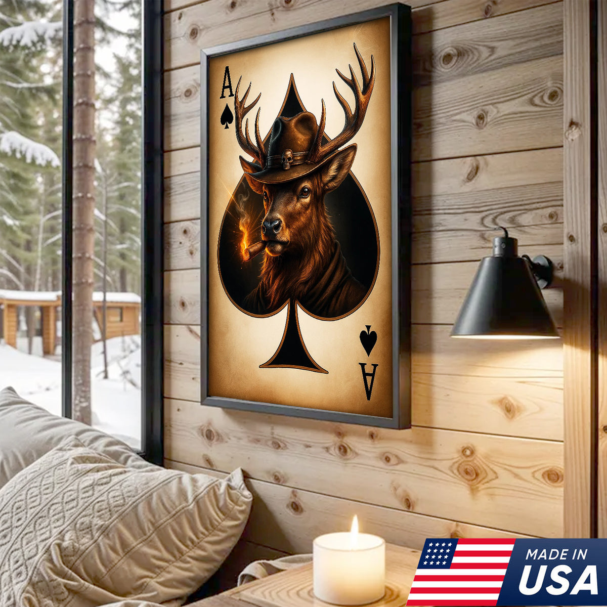 Wild West Ace of Spades Canvas Wall Art – Cowboy Deer with Hat – Rustic Hunting Cabin Decor