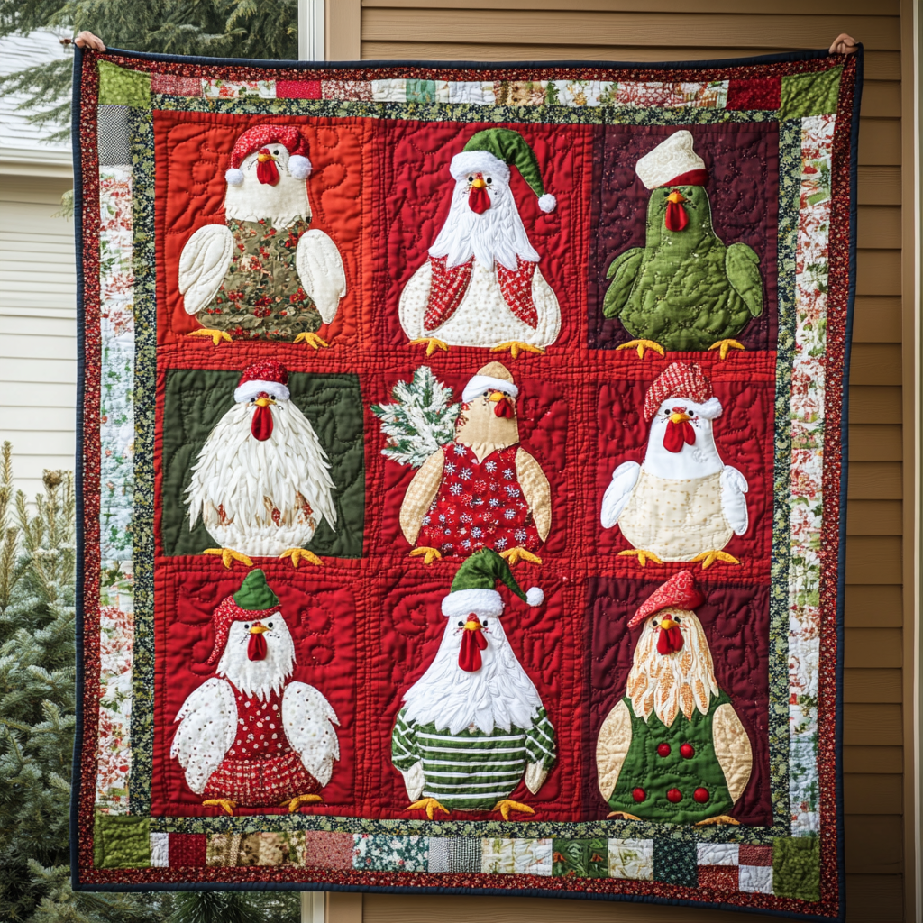 Christmas Chickens Festive Glow Quilt Blanket