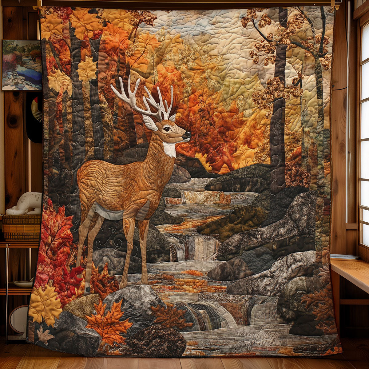 Deer In Autumn Forest Quilt Blanket