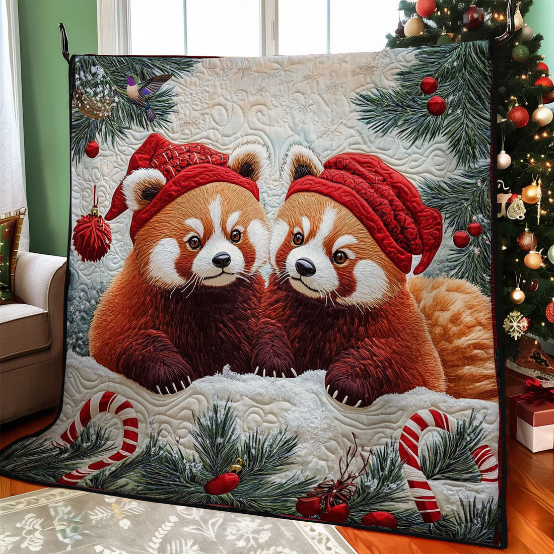 Santa Couple Red Panda Quilt Blanket