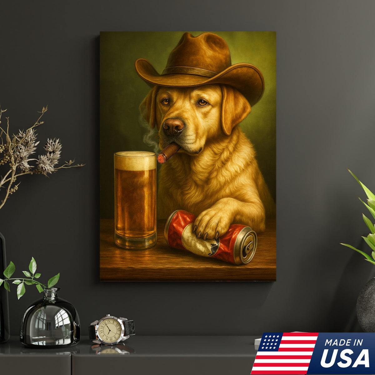 Funny Cowboy Dog Wall Art – Funny Beer & Smoking Canvas For Hunters, Bar & Man Cave Decor