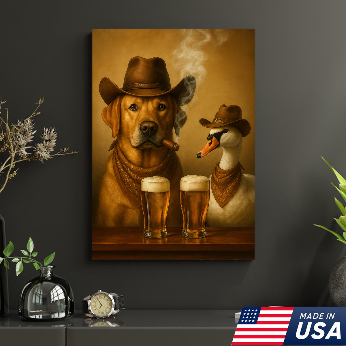 Funny Cowboy Dog & Geese Wall Art Canvas – Funny Beer & Smoking Canvas for Hunters