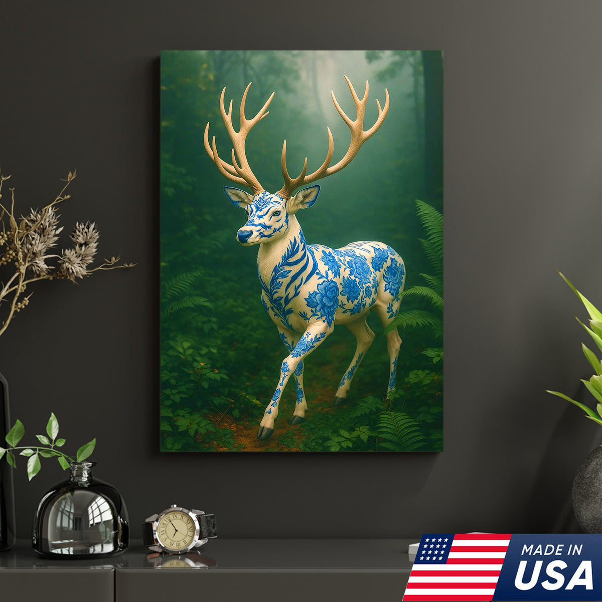 Blue Porcelain Deer Canvas, Elegant Woodland Art Print for Nature Lovers