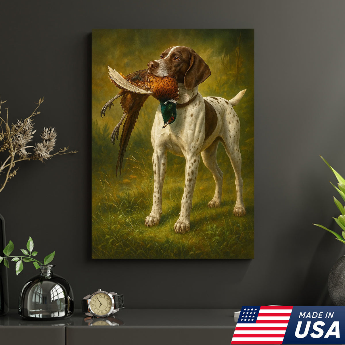 Hunting Dog Canvas Wall Art – Hunting Dog with Pheasant – Rustic Wildlife Canvas