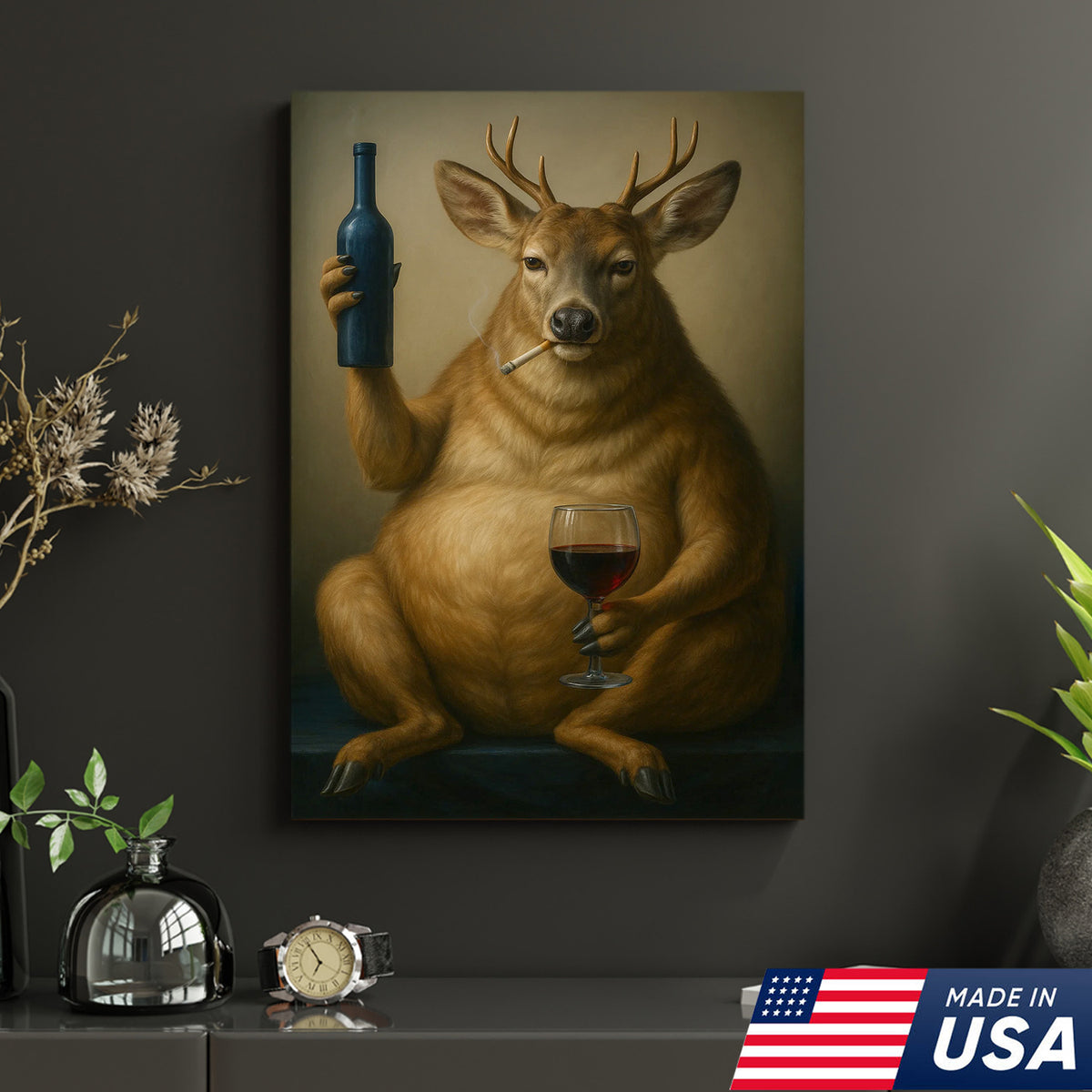 Funny Deer Wall Art Canvas – Fat Buck with Wine Glass Rustic Lodge Decor