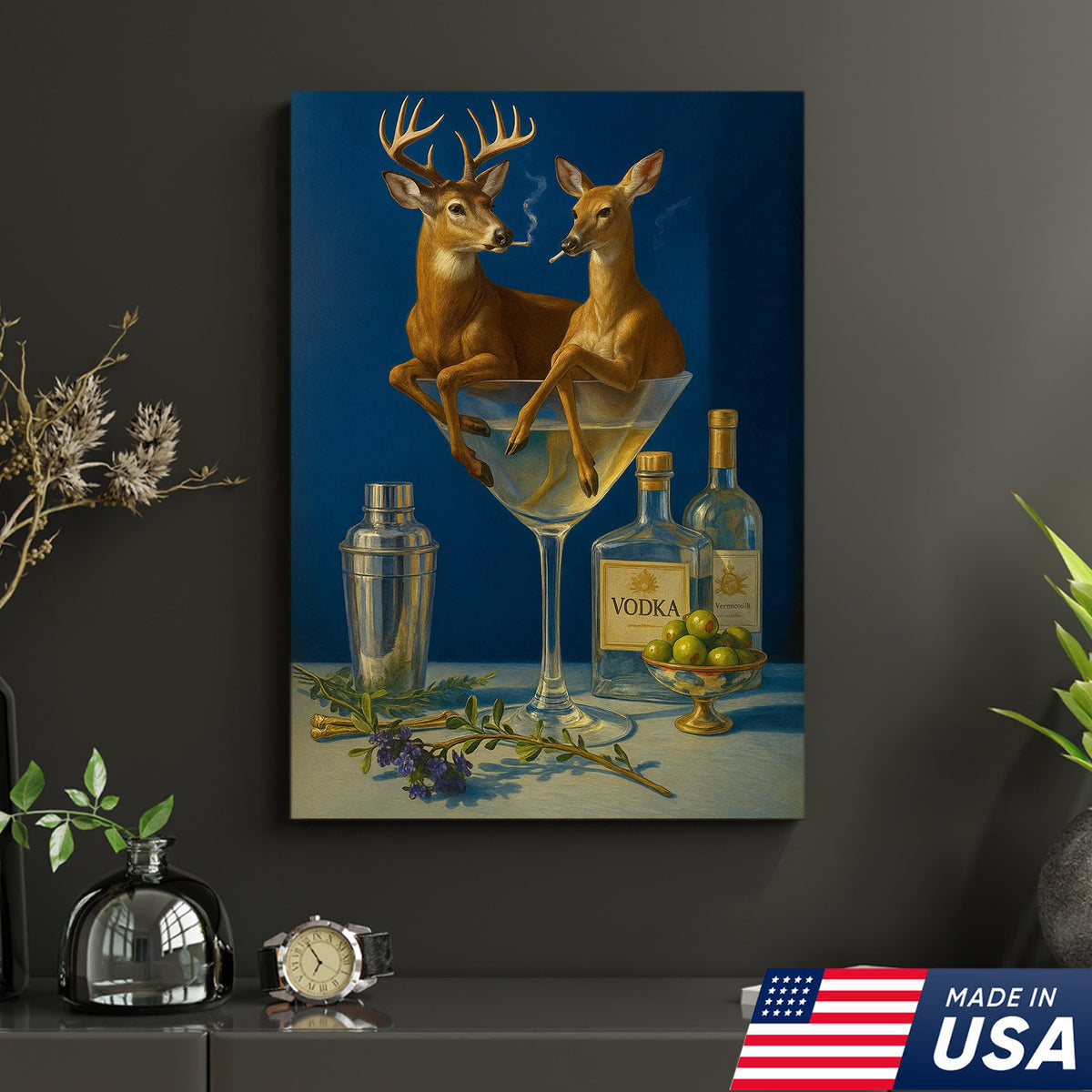 Funny Deer Couple Wall Art Canvas – Whimsical Buck and Doe in Martini Glass