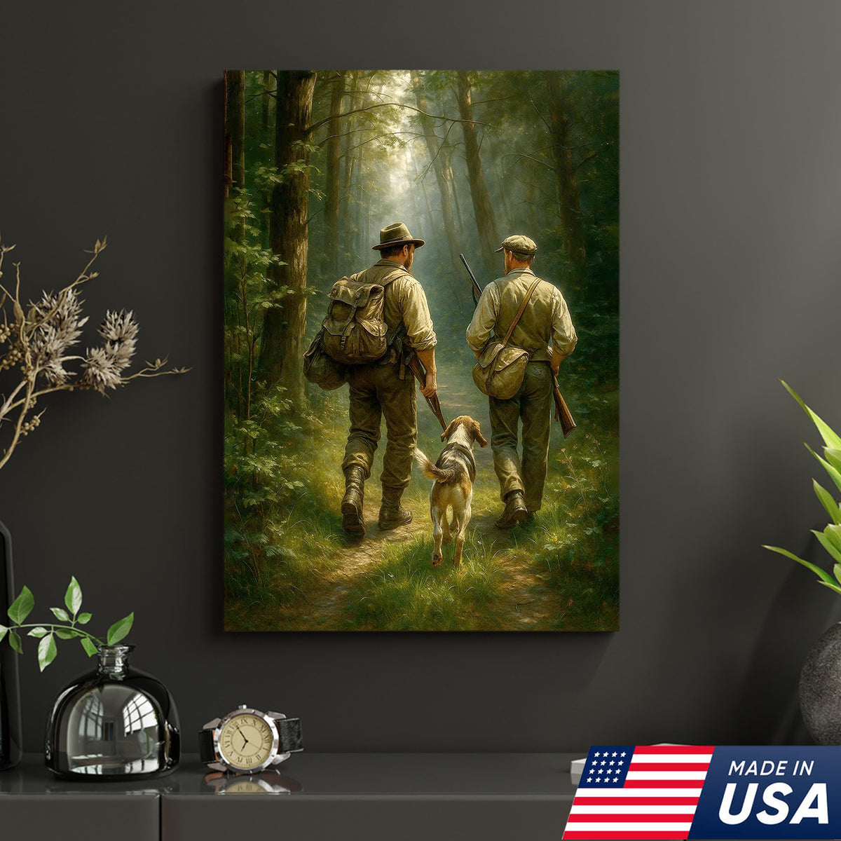 Hunting Canvas Wall Art – Hunters Walking with Dog in Forest – Rustic Cabin Decor
