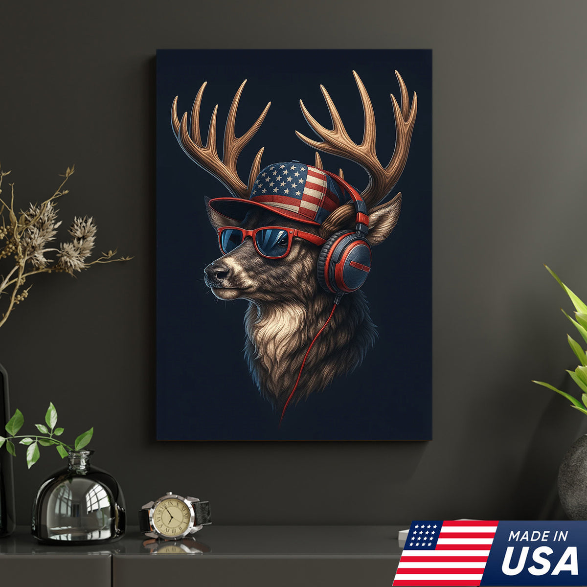 Patriotic Deer Wall Art Canvas – Cool Buck with American Flag Hat and Headphones