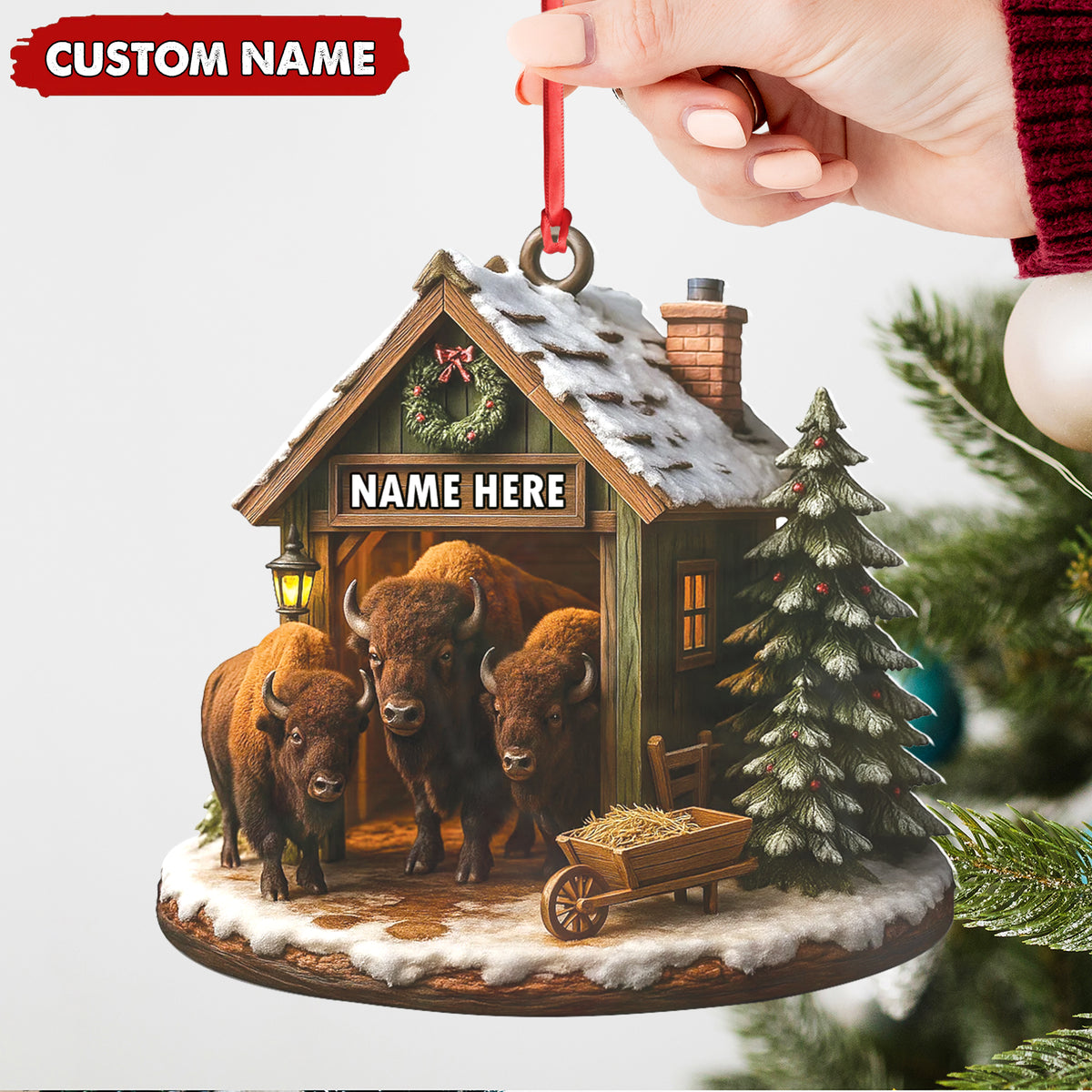 Personalized Acrylic Bison Christmas Ornament – Custom Buffalo Barn Holiday Decor