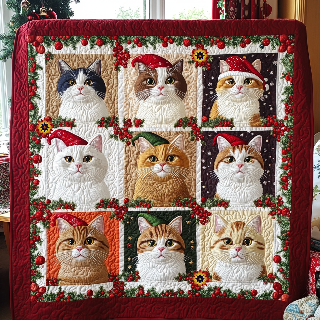 Cats In Christmas Night Quilt Blanket
