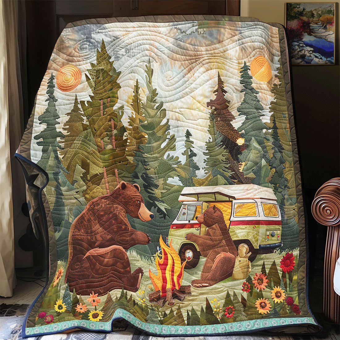 Cute Camping Brown Bear Quilt Blanket