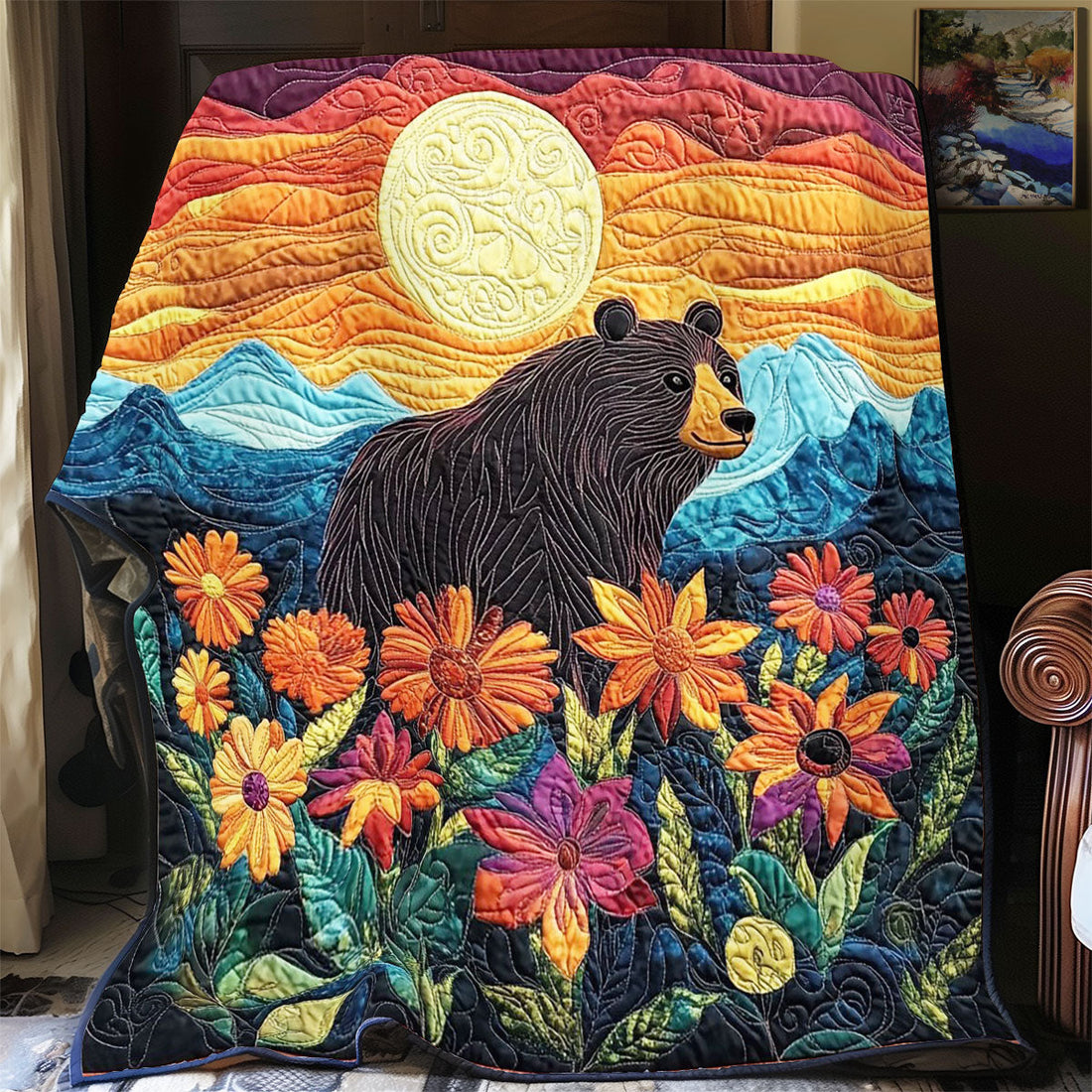 Bear In Sunset Quilt Blanket