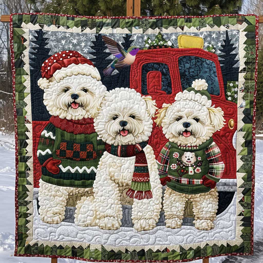 Bichon Christmas Vintage Truck Quilt Blanket