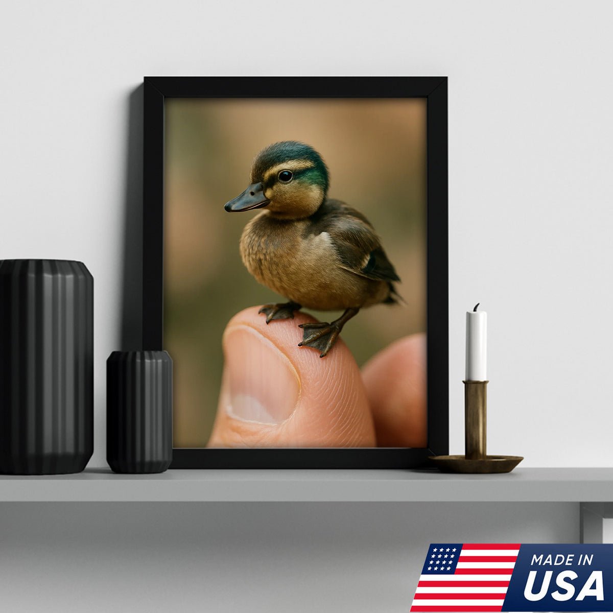 Cute Baby Duck Canvas Wall Art - Adorable Duckling Perched on Finger