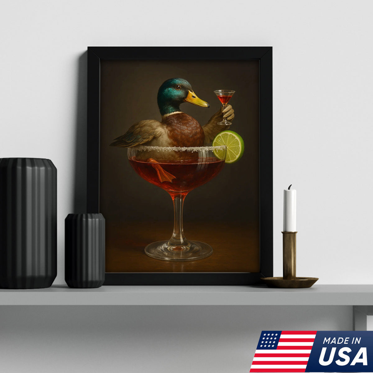 Funny Mallard Duck Canvas Wall Art - Quirky Animal in Cocktail Glass Design
