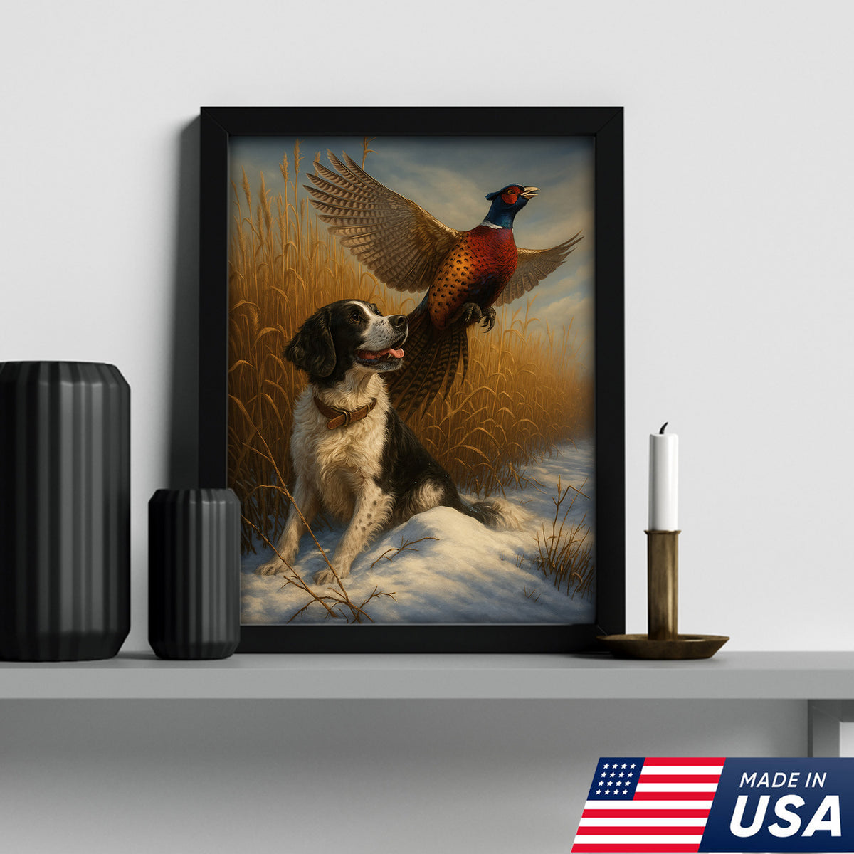 Hunting Dog & Pheasant in Winter Field Canvas – Classic Wildlife Wall Art for Lodge & Nature Decor