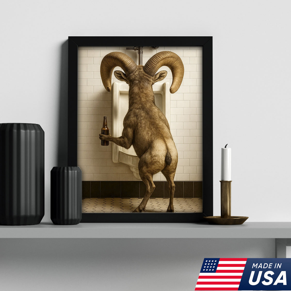 Humorous Big Horn Sheep Canvas Wall Art - Rustic Lodge Bathroom Decor for Cabin and Farmhouse