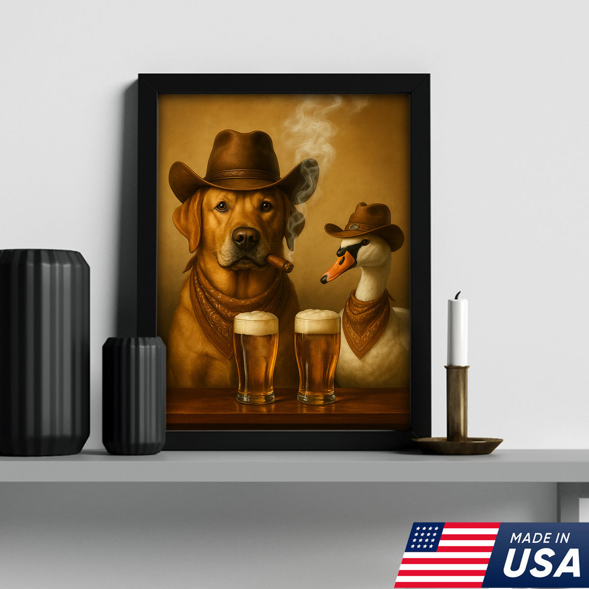 Funny Cowboy Dog & Geese Wall Art Canvas – Funny Beer & Smoking Canvas for Hunters
