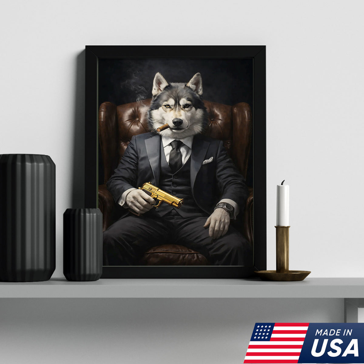 Boss Wolf Canvas Wall Art, Powerful Alpha Wolf in Suit Portrait, Luxury Animal Artwork