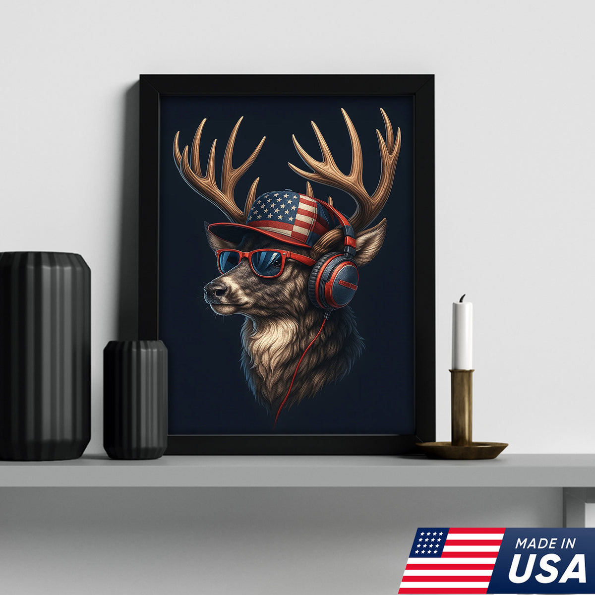 Patriotic Deer Wall Art Canvas – Cool Buck with American Flag Hat and Headphones