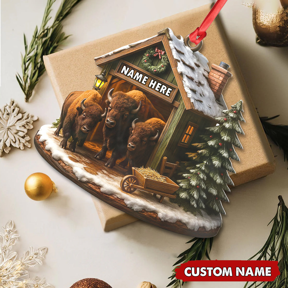 Personalized Acrylic Bison Christmas Ornament – Custom Buffalo Barn Holiday Decor