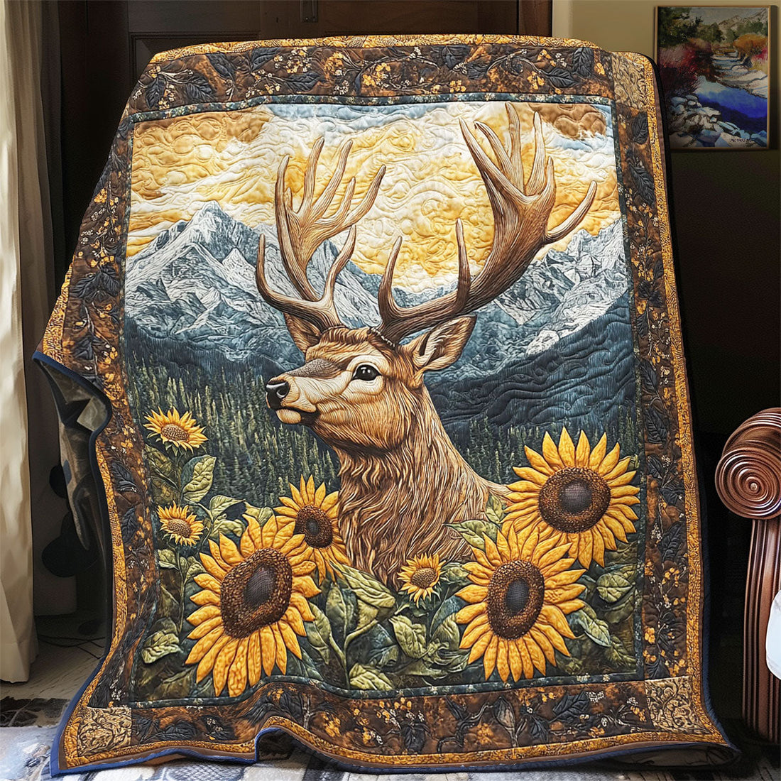 Moose In Sunflower Quilt Blanket