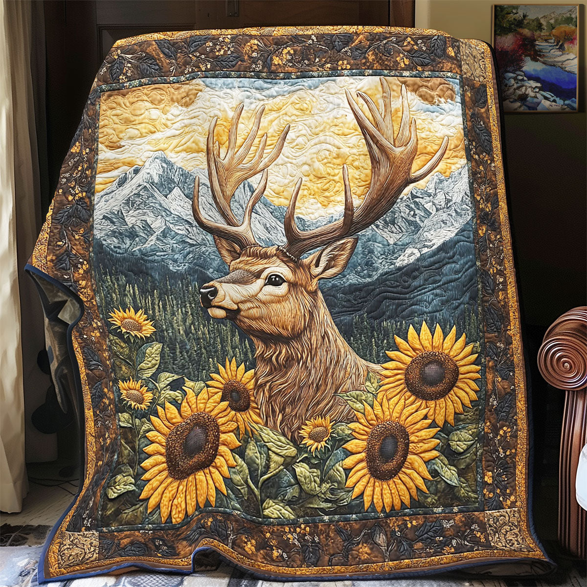 Moose In Sunflower Quilt Blanket