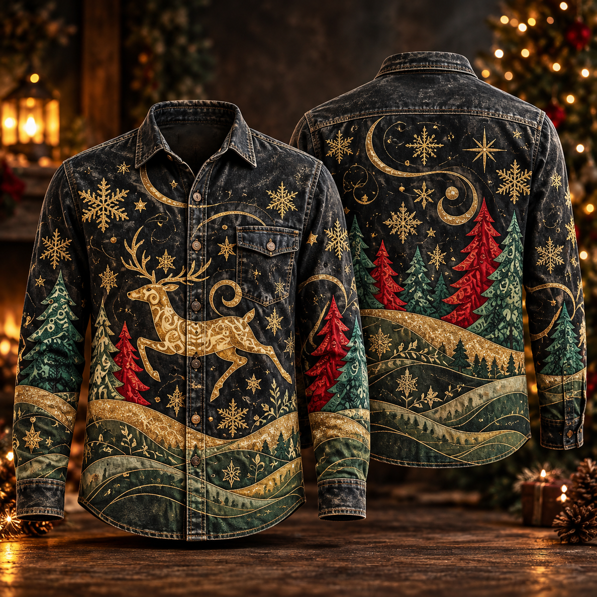 Golden Leaping Deer Pine Forest Winter Night Black Christmas Button Up - Long Sleeve Shirt with Pocket