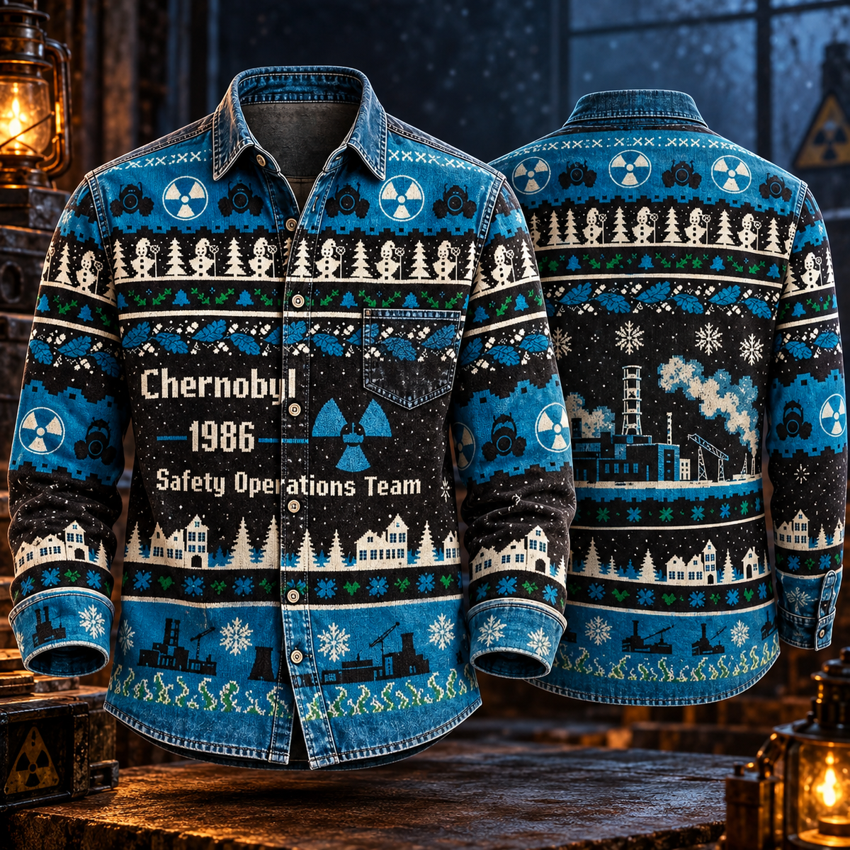 Chernobyl 1986 Safety Operations Team Funny Ugly Christmas Sweater Pattern Button Up - Long Sleeve Shirt with Pocket
