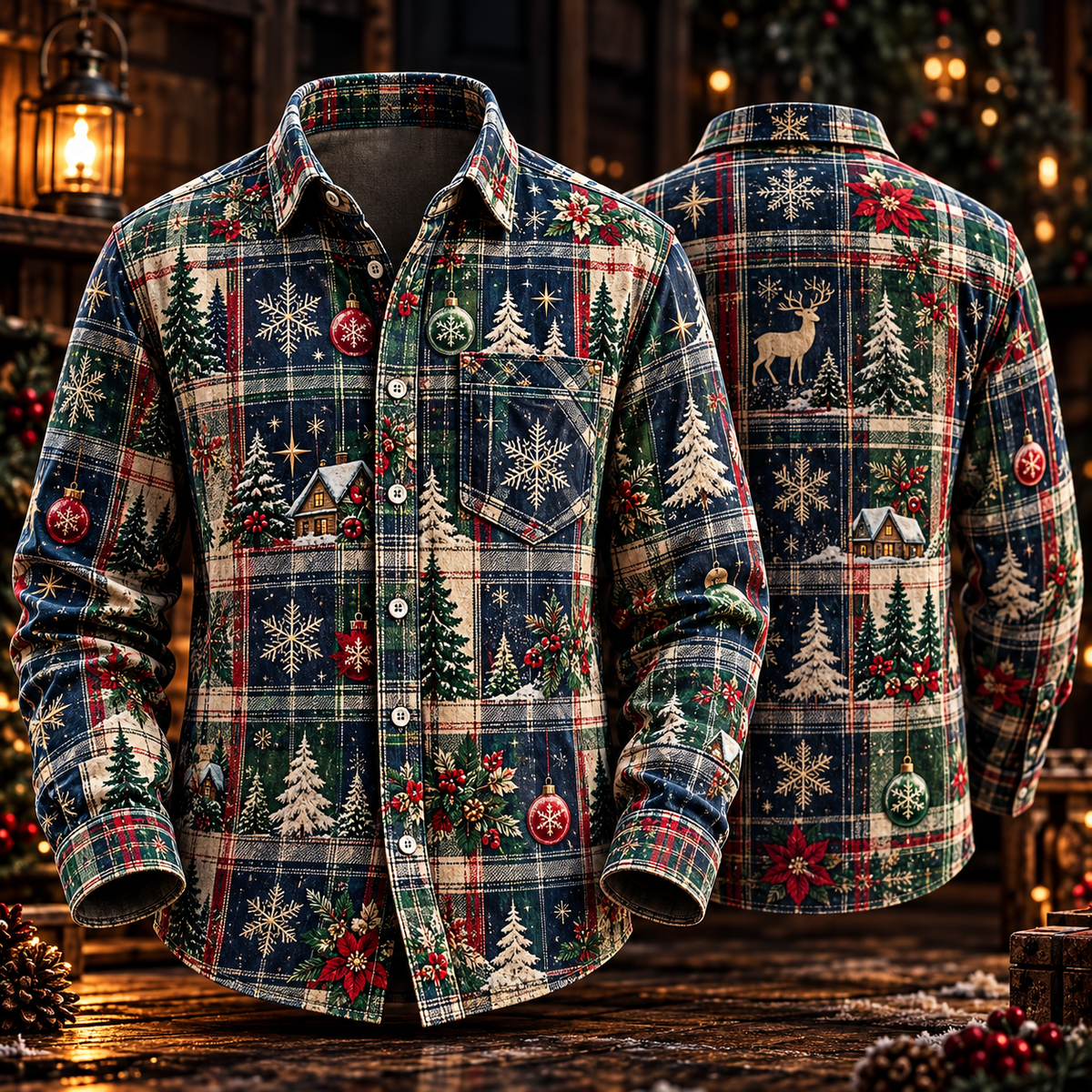 Cabin Plaid Deer Pine Tree Snowflake Rustic Winter Christmas Button Up - Long Sleeve Shirt with Pocket