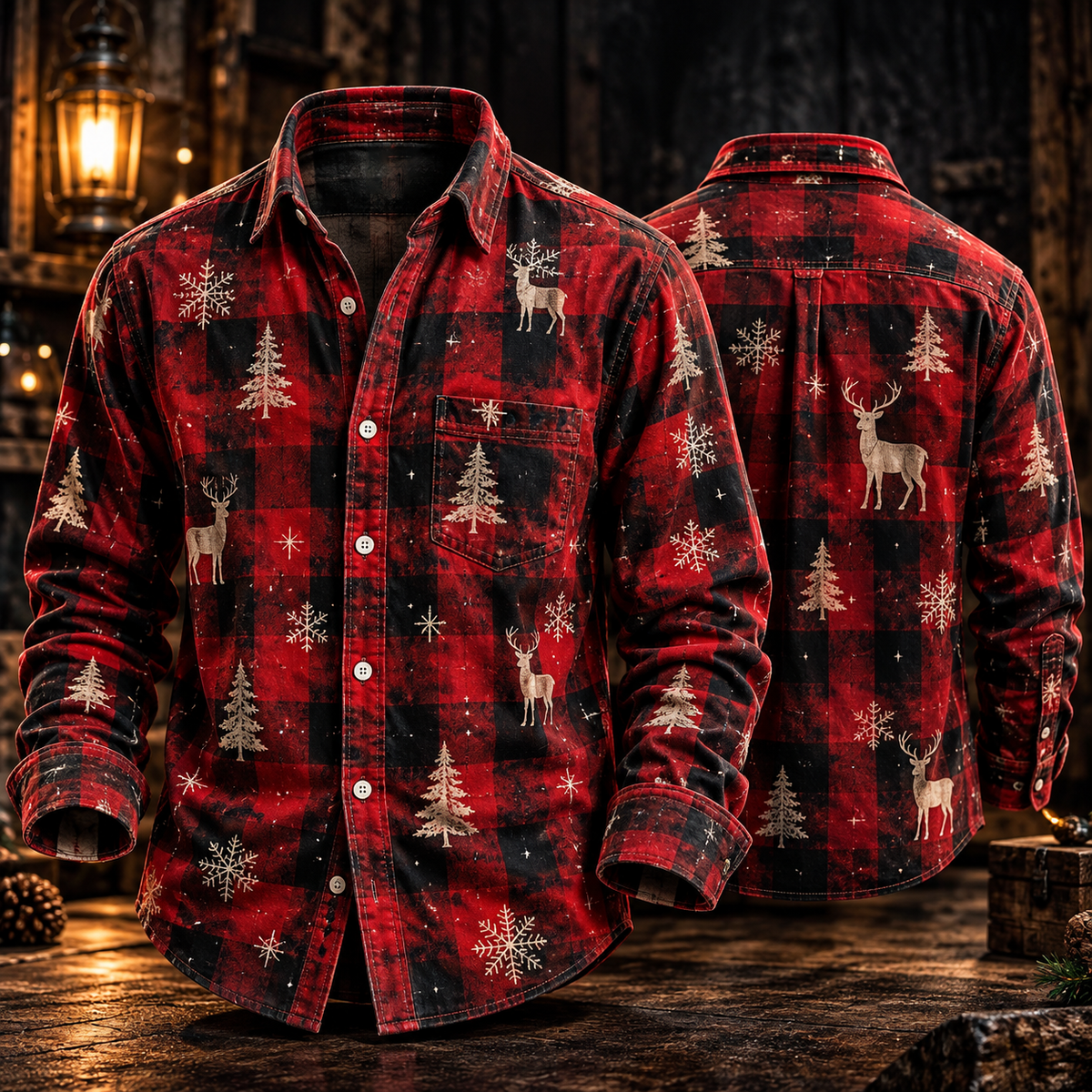 Buffalo Plaid Reindeer Pine Tree Rustic Flannel Style Christmas Button Up - Long Sleeve Shirt with Pocket