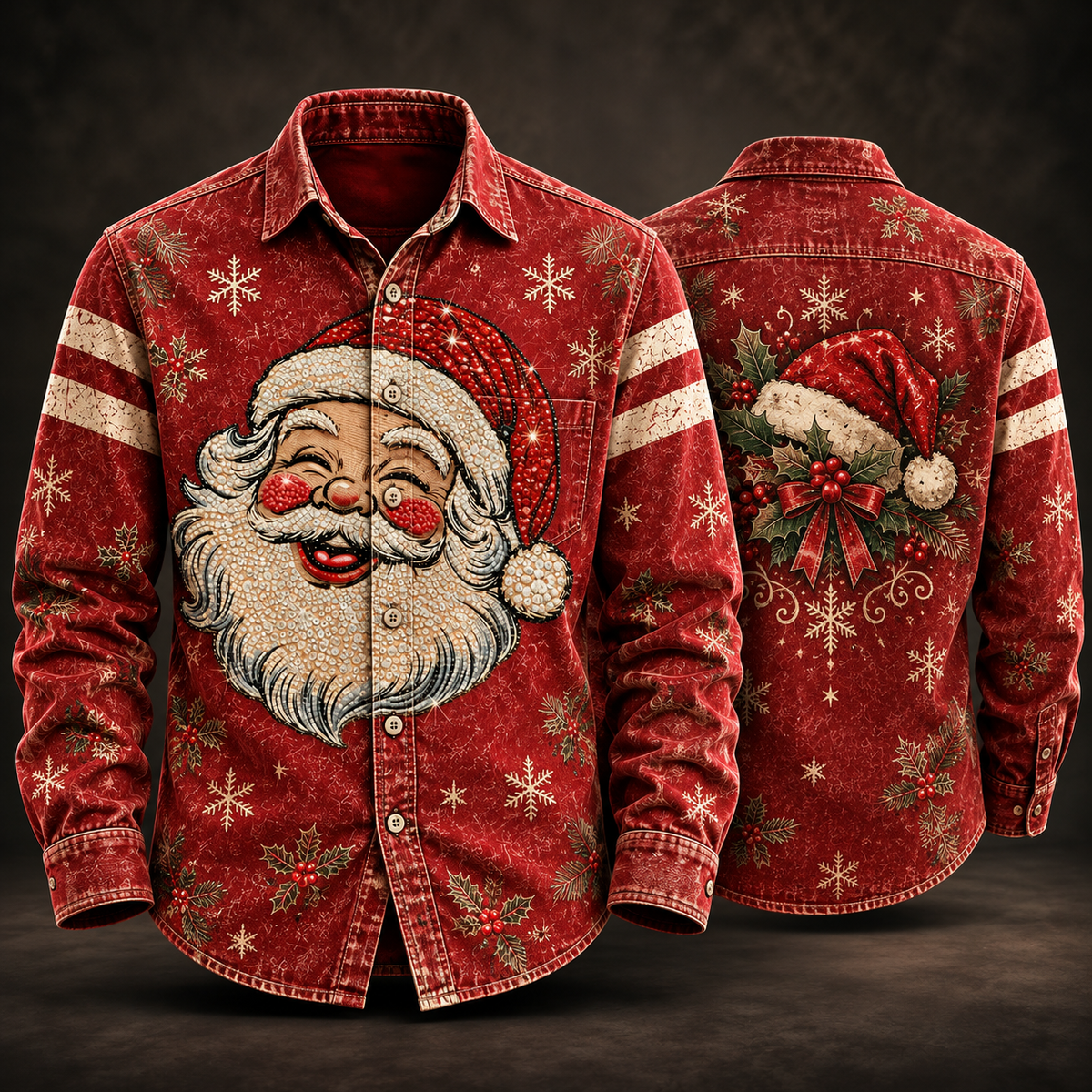 Jolly Santa Face Vintage Red Snowflake Funny Christmas Button Up - Long Sleeve Shirt with Pocket