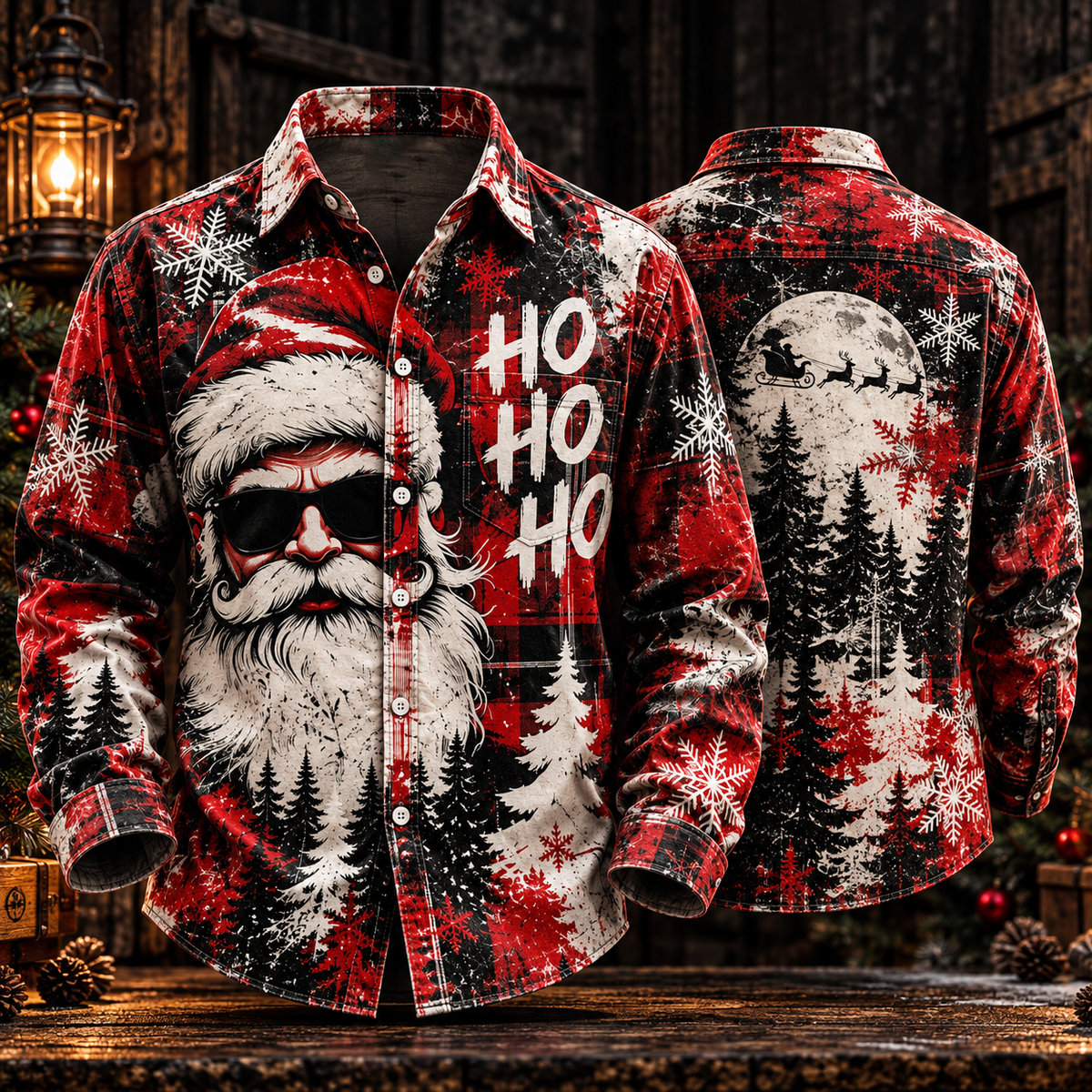 Cool Santa Ho Ho Ho Red Plaid Pine Forest Funny Button Up - Long Sleeve Shirt with Pocket