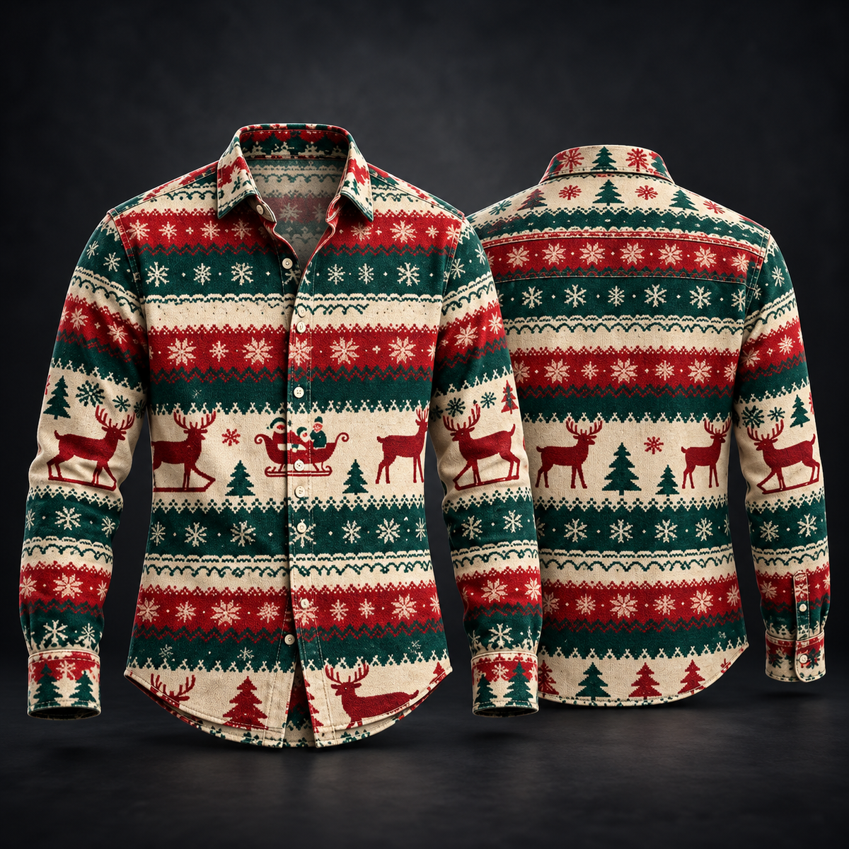Reindeer Santa Sleigh Ugly Christmas Sweater Pattern Fair Isle Button Up - Long Sleeve Shirt with Pocket