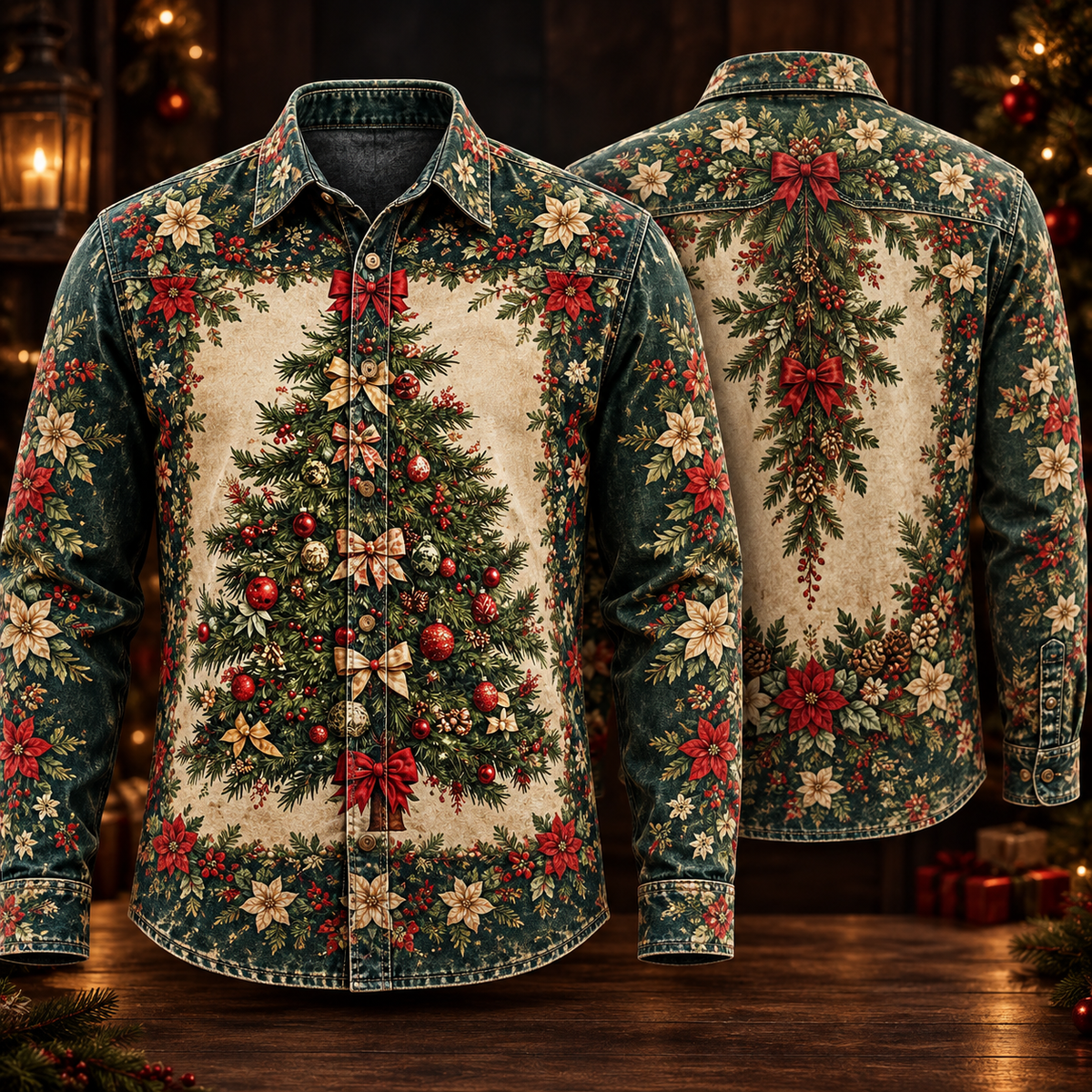 Vintage Christmas Tree Poinsettia Red Bow Floral Button Up - Long Sleeve Shirt with Pocket