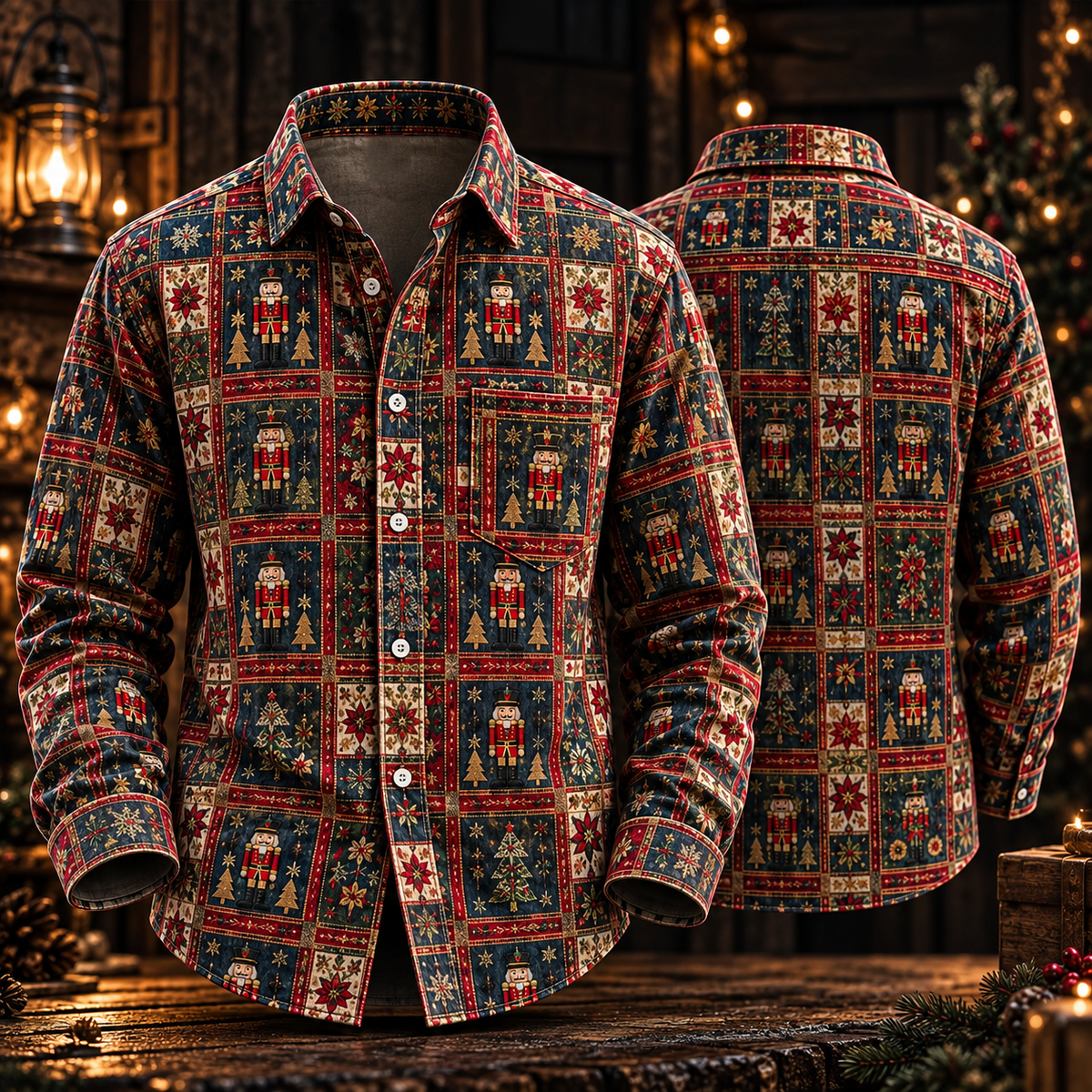 Nutcracker Toy Soldier Vintage Quilt Patchwork Christmas Button Up - Long Sleeve Shirt with Pocket