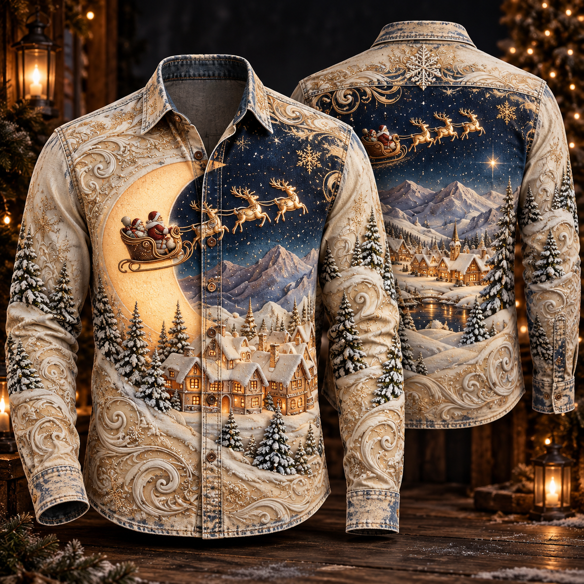 Moonlit Santa Sleigh Snowy Village Mountain Night Christmas Button Up - Long Sleeve Shirt with Pocket