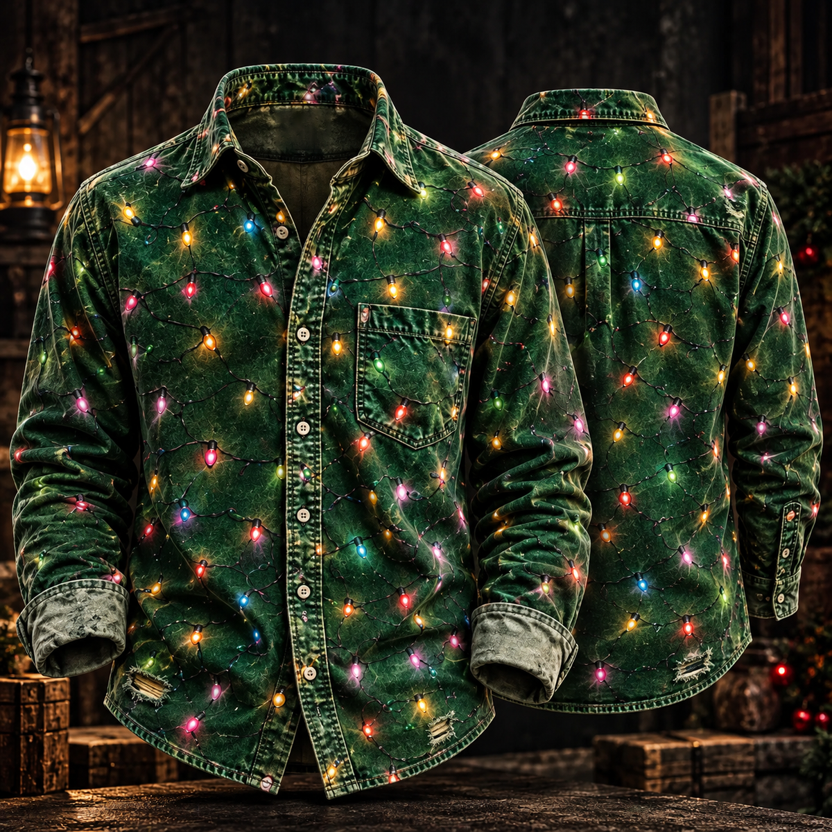 Twinkle Christmas Lights Green Holiday Party Button Up - Long Sleeve Shirt with Pocket