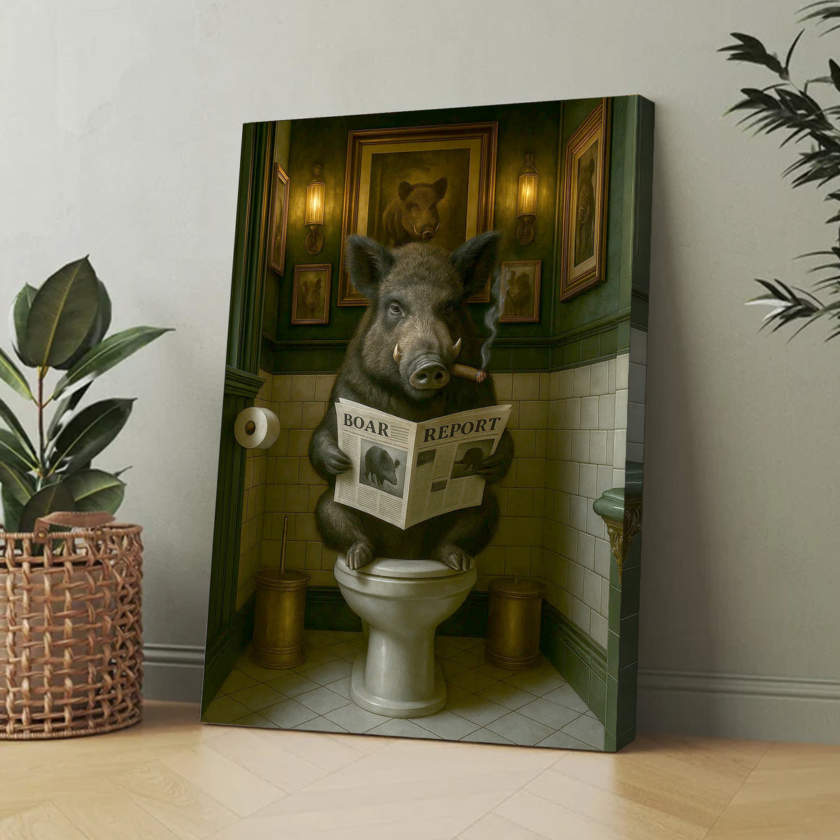 Funny Comical Wild Hog Poster – Smoking Boar on Toilet - Unique Rustic Gift for Hunters