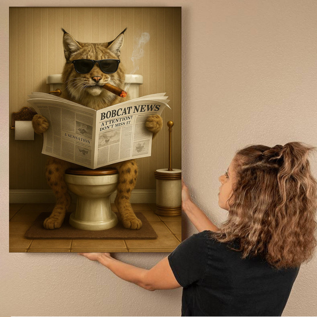 Funny Bobcat Bathroom Wall Art – Rustic Wildlife Decor for Men, Hunting Cabin Canvas