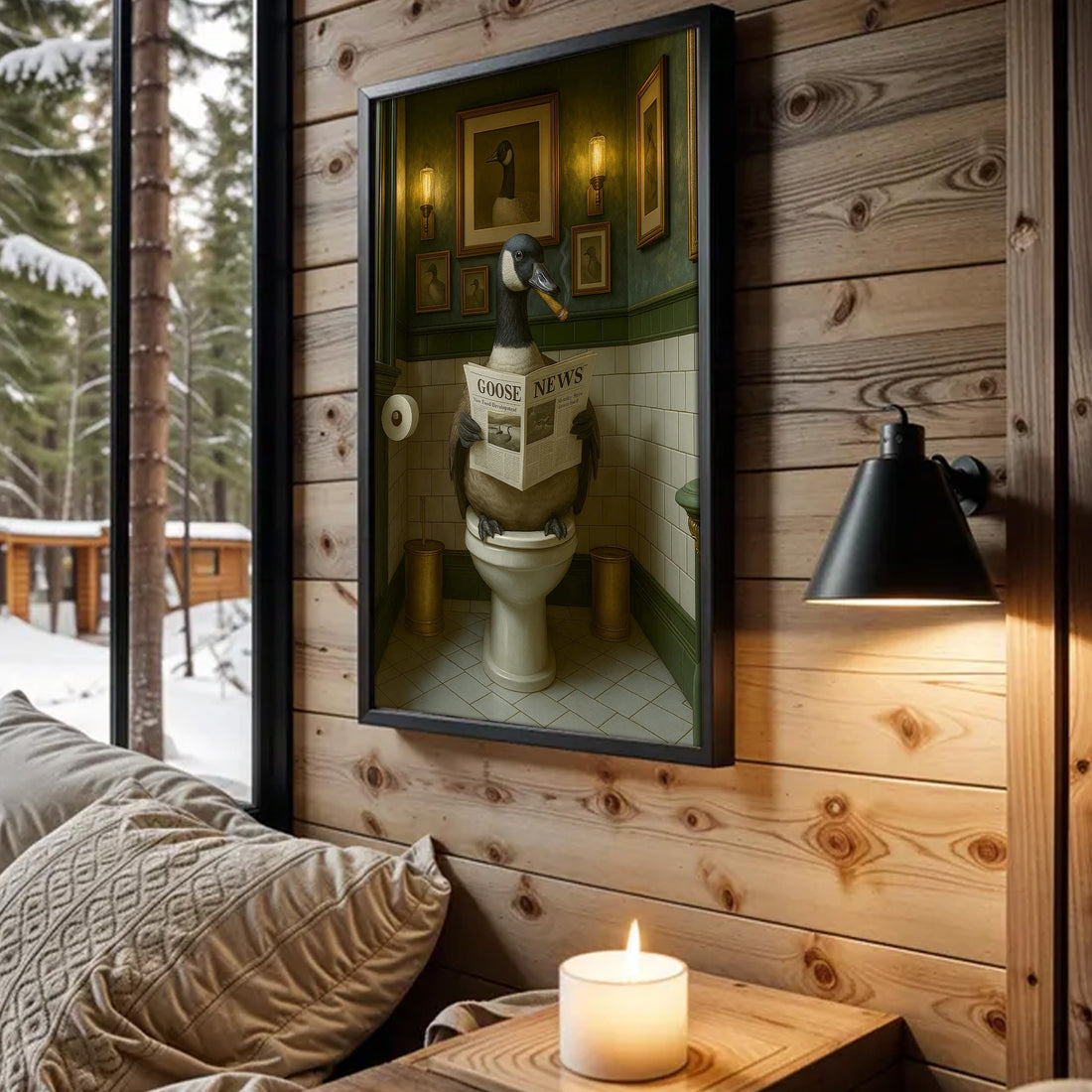 Funny Canada Goose Bathroom Poster – Rustic Cabin Wall Art, Goose Reading Newspaper on Toilet