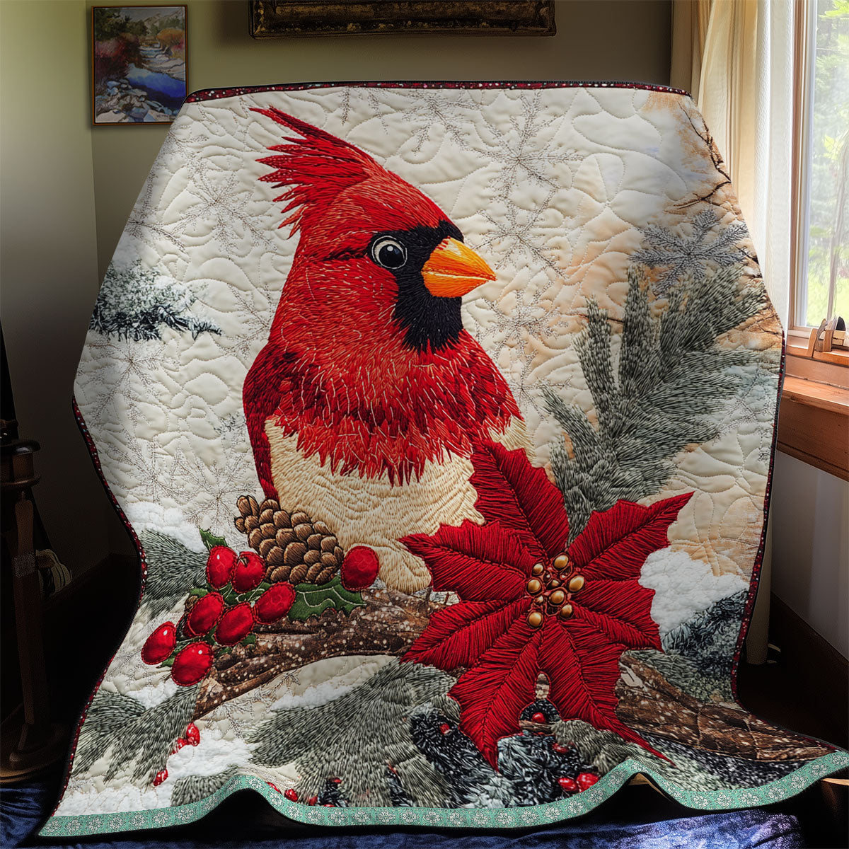 Cardinal Christmas Snowy Evening Quilt Blanket