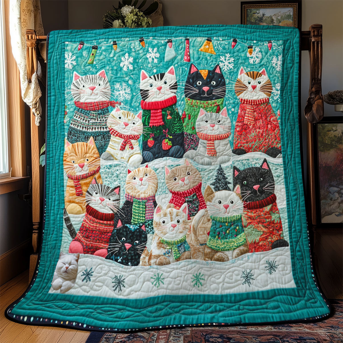 Cat Christmas Silent Night Quilt Blanket