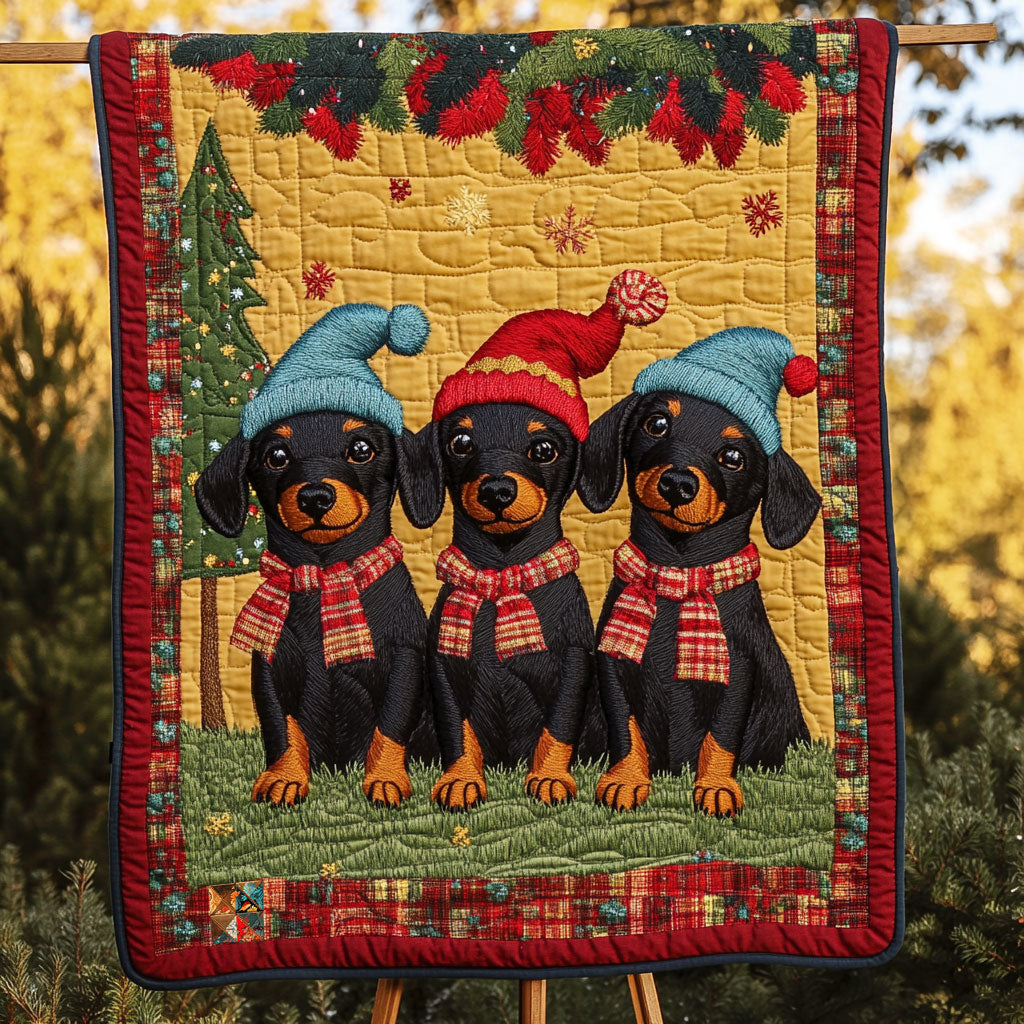 Christmas Dachshund Snowy Evening Quilt Blanket