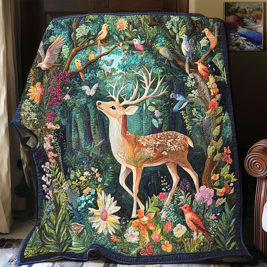 Deer Flower Forest Quilt Blanket