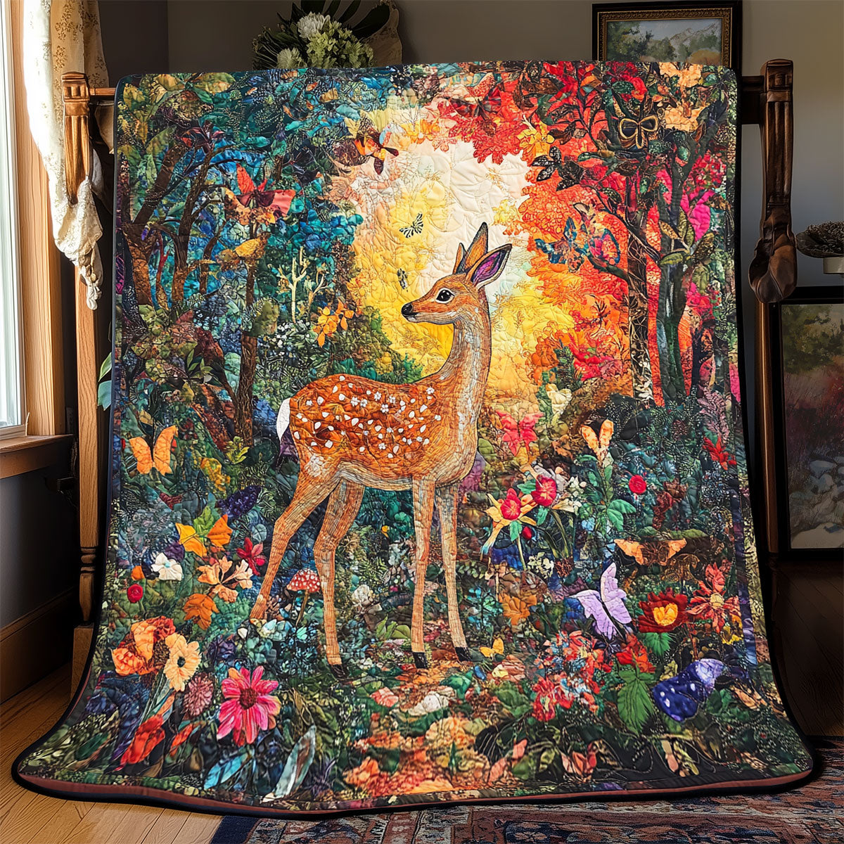 Deer Flower Forest Woodland Retreat Quilt Blanket