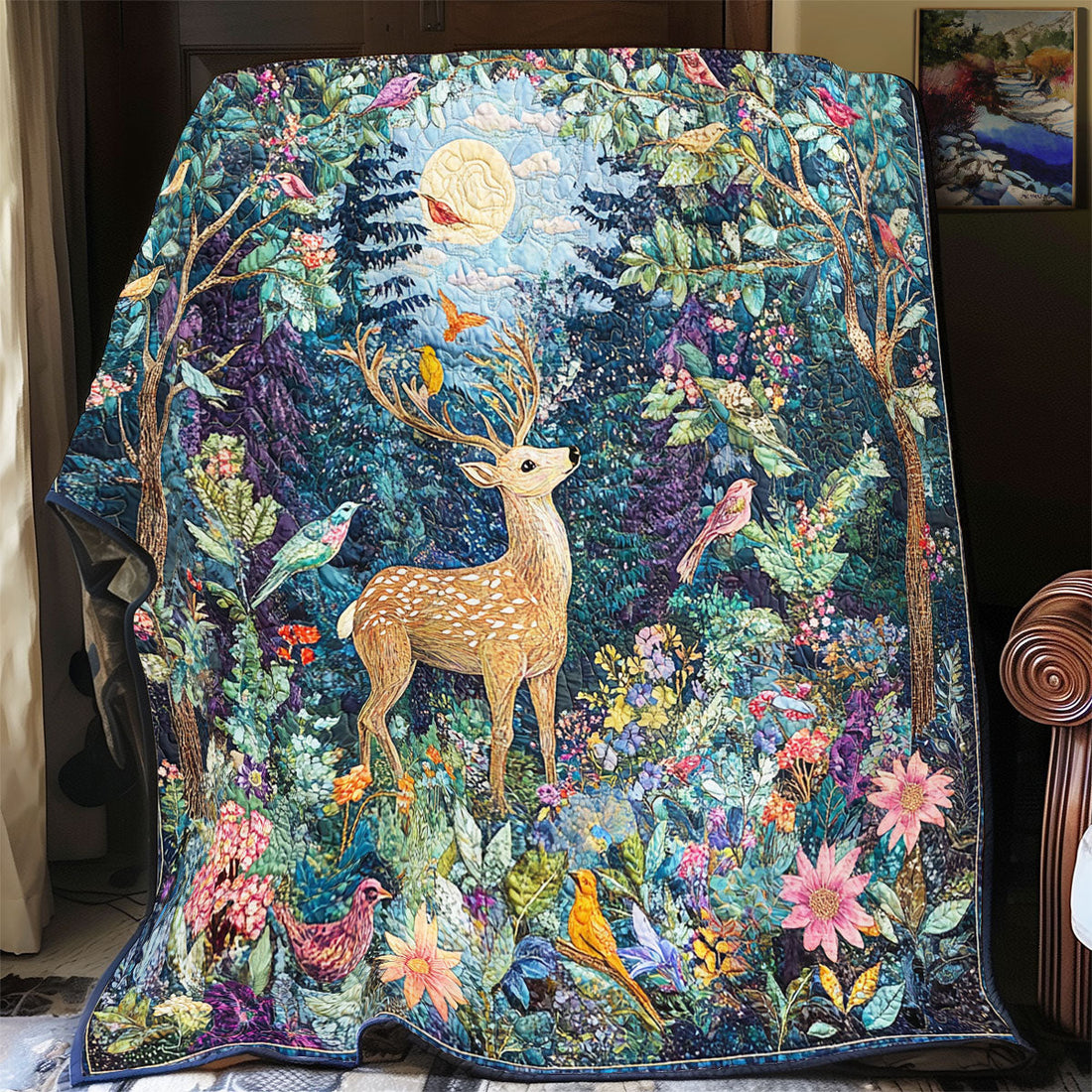 Deer Flower Forest Quiet Moments Quilt Blanket